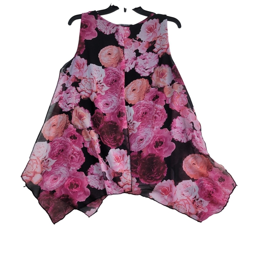 Liz McCoy Floral Sleeveless Top Women M Pink Black Sharkbite Hem Chiffon Overlay - Picture 3 of 8